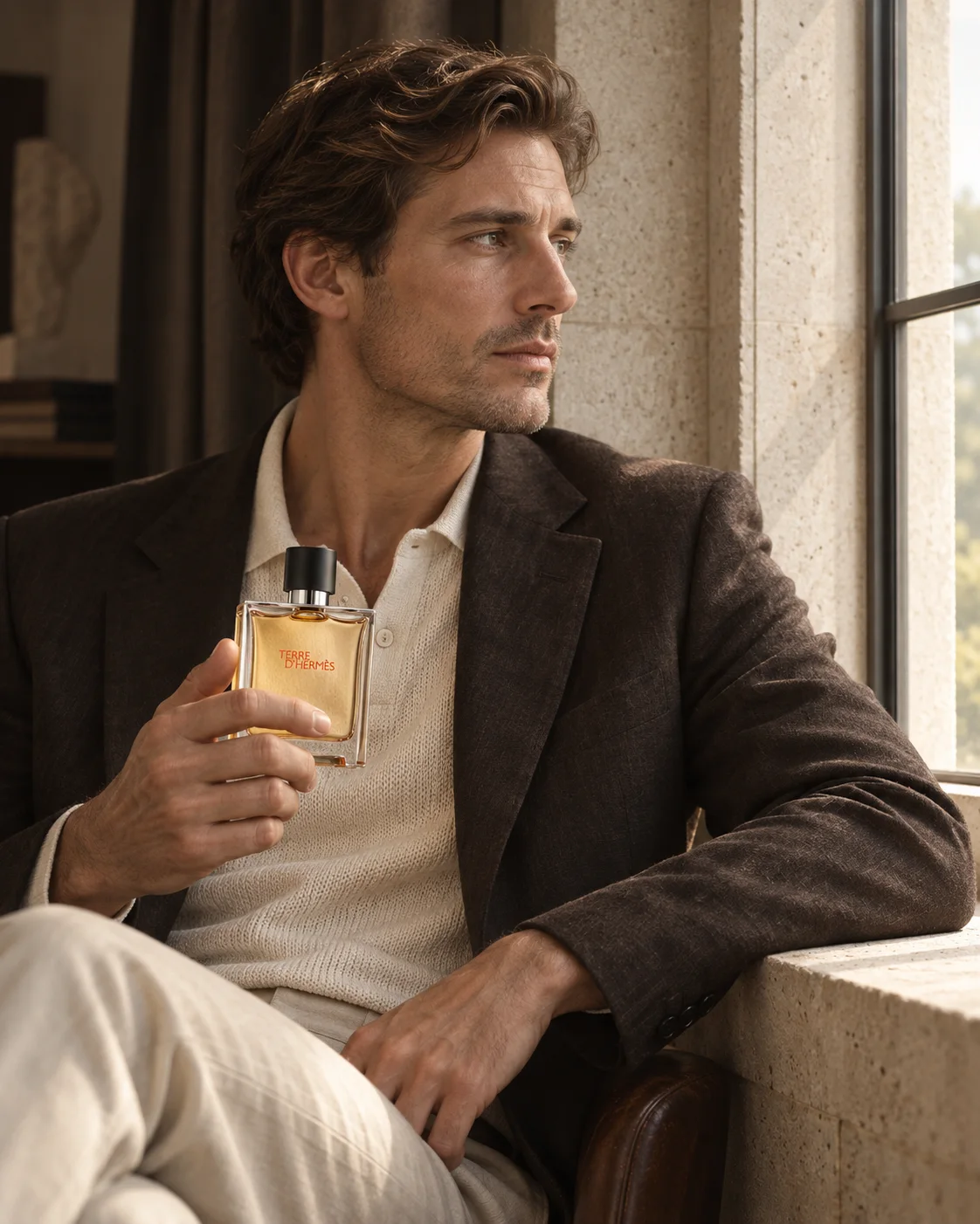 Man holding Terre d’Hermès beside a softly lit window