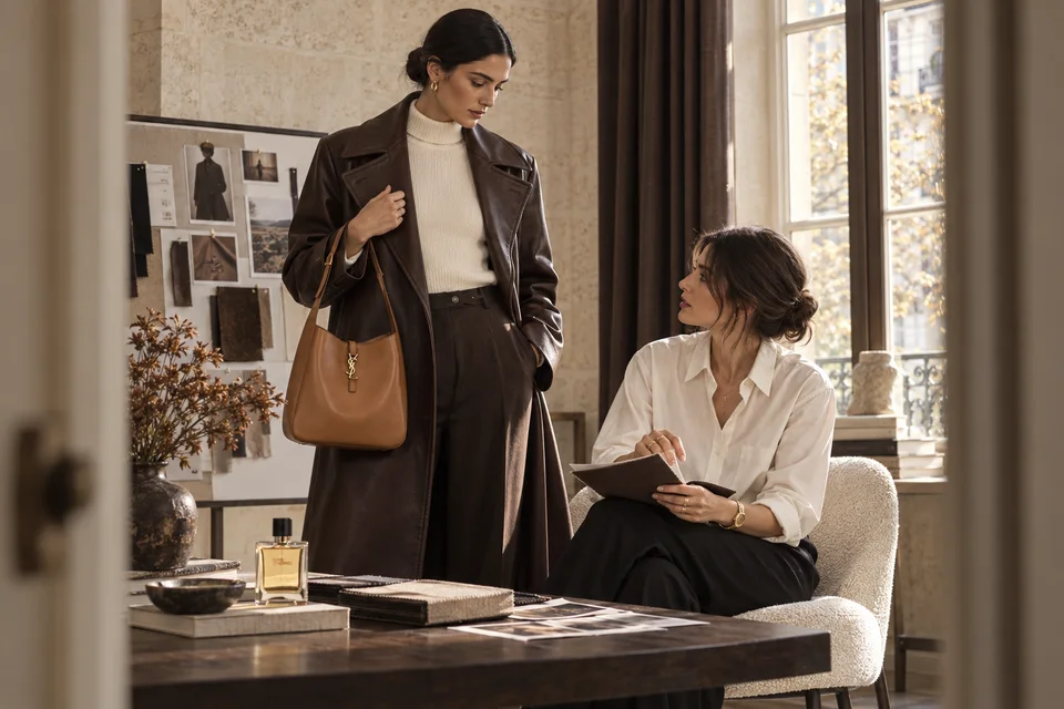 An editorial styling scene with a cognac bag and fragrance