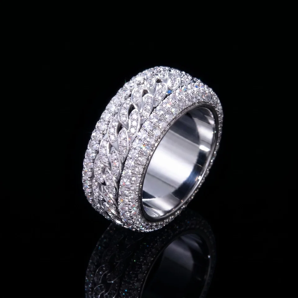 Iced Rotatable Cuban Ring in White Gold