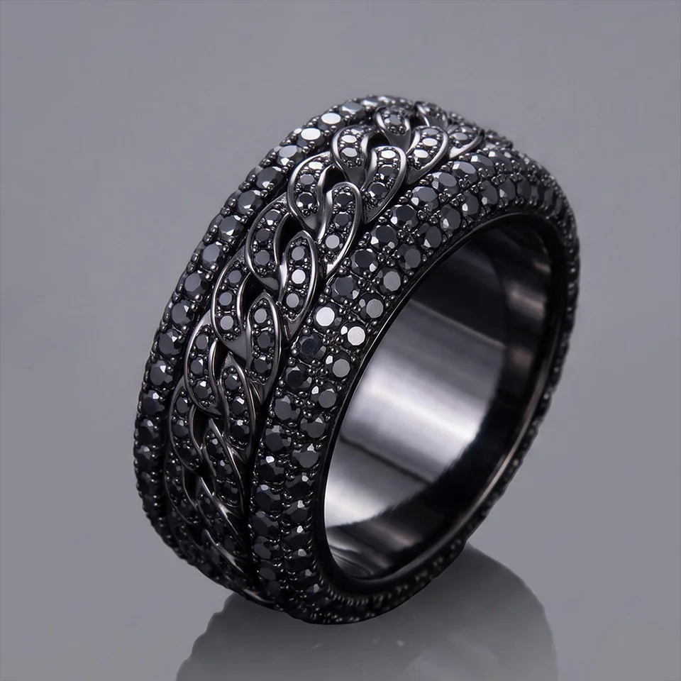 Iced Out Black Cuban Link Spinner Ring